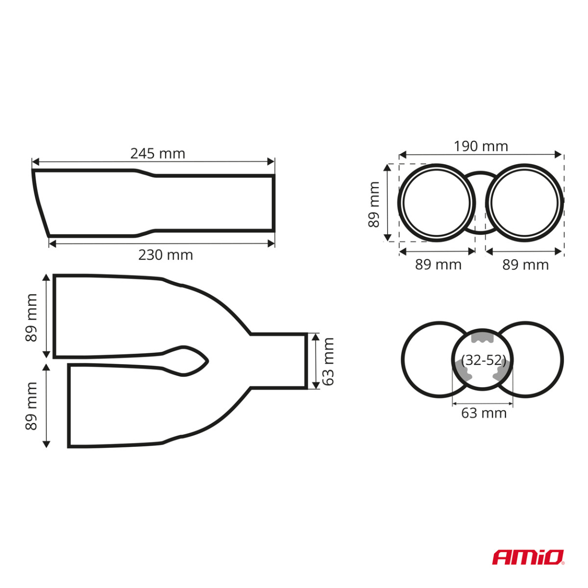 Auspuffendrohr 32-52 mm, Edelstahl, Carbon, doppelt, rechts, AMiO‑04070