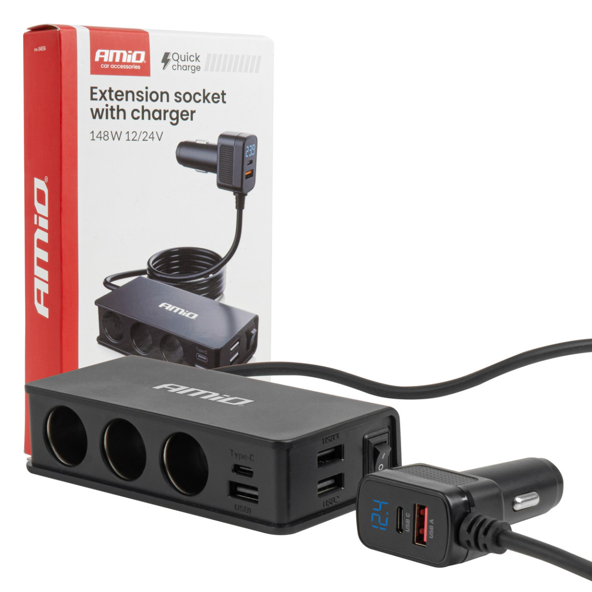 Steckdosenverteiler 12/24V mit 3x USB-A, USB-C, QC3.0, PD3.0 148W AMIO-04836