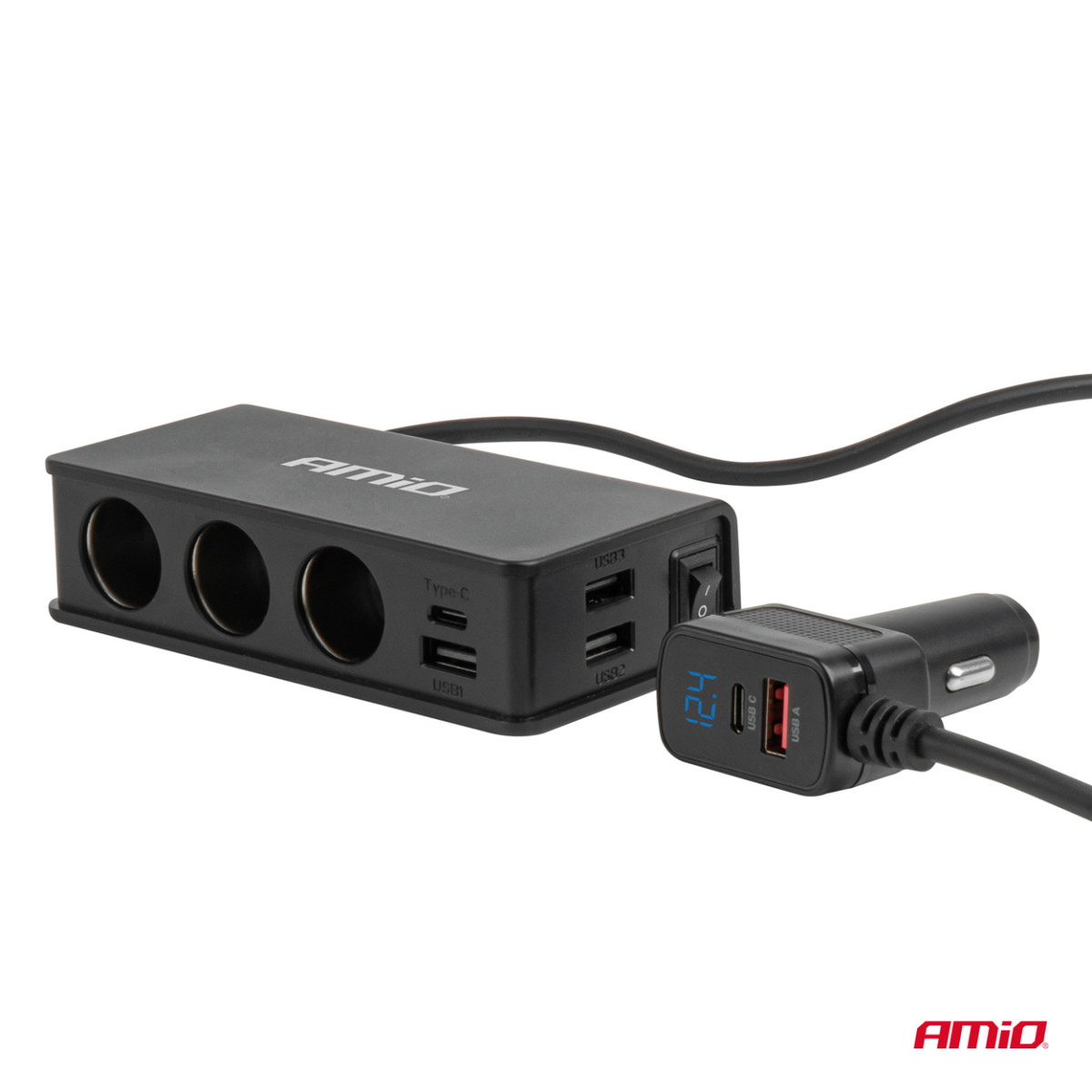 Steckdosenverteiler 12/24V mit 3x USB-A, USB-C, QC3.0, PD3.0 148W AMIO-04836