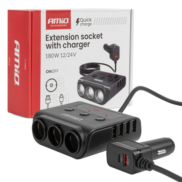 Steckdosenverteiler 12/24V mit 4x USB-A QC3.0 PD3.0 180W AMIO-04835