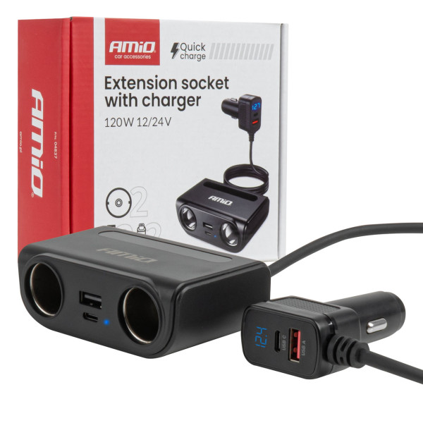 Steckdosenverteiler 12/24V mit USB-C, USB-A, QC3.0, PD3.0, 120W AMIO-04837