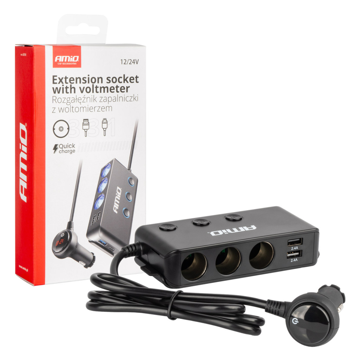 Verlängerungssteckdose mit Voltmeter, USB und USB-C 12-24 V, AMIO-03781