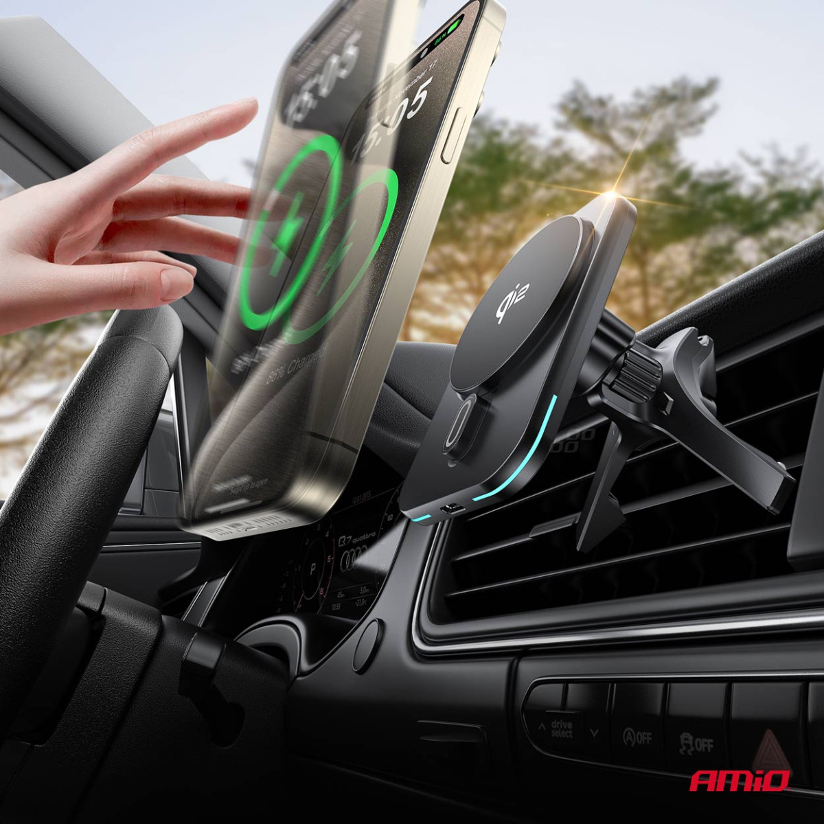 Magnetisches kabelloses Autoladegerät Qi2 15W – für Lüftung/Armaturenbrett AMIO-04180