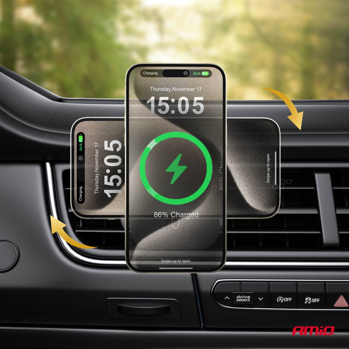 Schnelles magnetisches kabelloses Autoladegerät Qi2 15W - Fenster/Armaturenbrett AMIO-04181