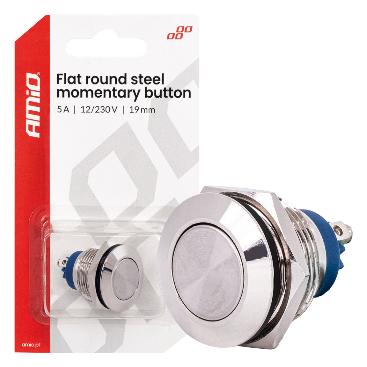 Flacher runder Momenttaster, 19 mm, 5 A, 12/230 V AMIO-04436