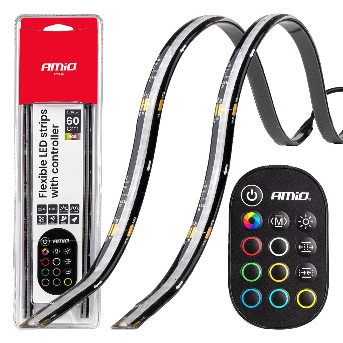 Flexible seitliche LED-COB-Streifen 2x30 cm 12V, RGB verschiedene Farben, mit Fernbedienung