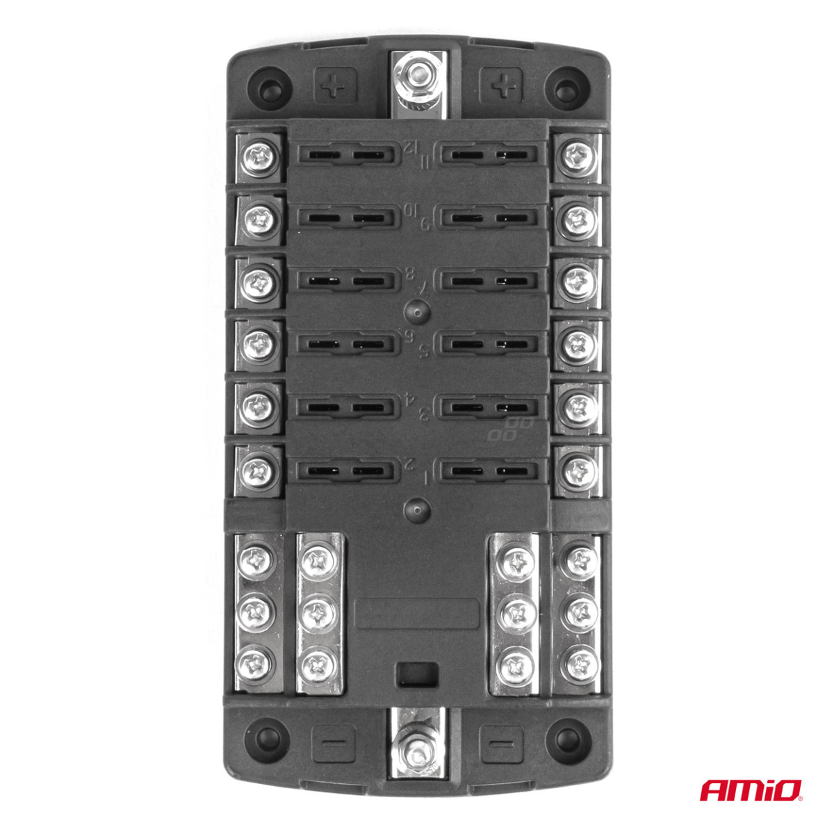 Sicherungskasten, 12 Steckdosen mit Schraubkontakten und Minuspol AMIO-03834
