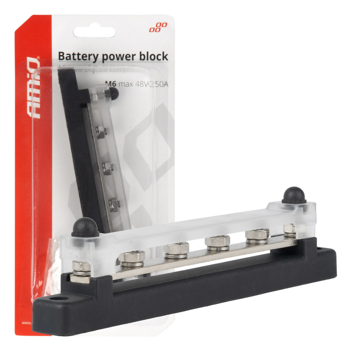 Stromverteilerblock mit Minuspol und 4 M6-Schrauben, Sammelschiene 12/24/48 V 150 A, AMIO-03808