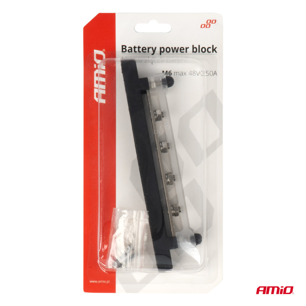 Stromverteilerblock mit Minuspol und 4 M6-Schrauben, Sammelschiene 12/24/48 V 150 A, AMIO-03808