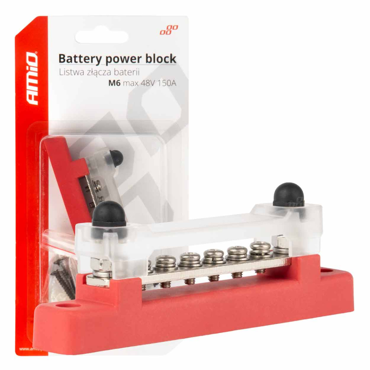 Stromverteilerblock mit Pluspol und 4 M6-Schrauben, Sammelschiene 12/24/48 V 150 A, AMIO-03810