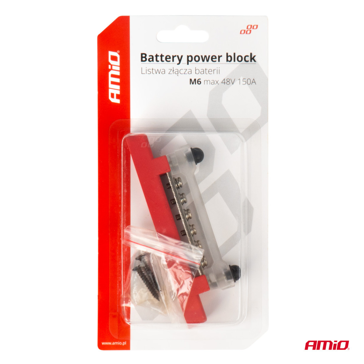 Stromverteilerblock mit Pluspol und 4 M6-Schrauben, Sammelschiene 12/24/48 V 150 A, AMIO-03810