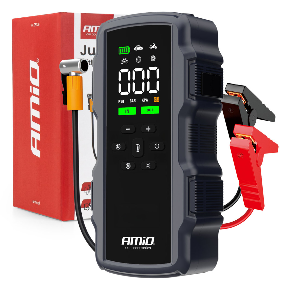 Starthilfe-Booster 4-in-1 mit Kompressor / Powerbank 12V 17Ah 900A, AMIO-05126
