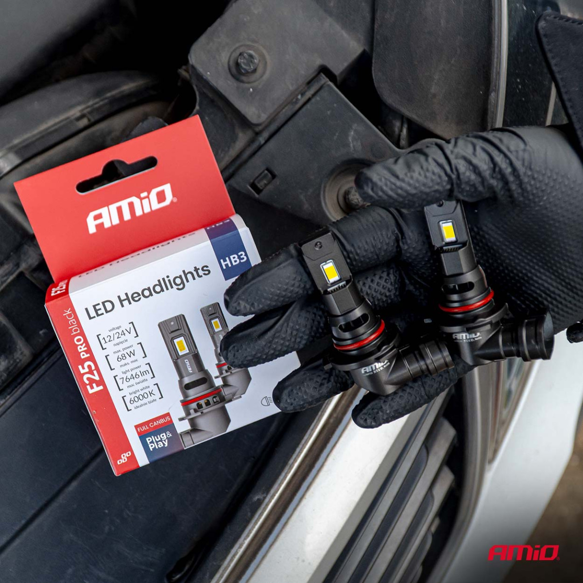 LED-Scheinwerferlampen F25 PRO SCHWARZ VOLL CANBUS HB3 68W 12V 24V AMIO-04722
