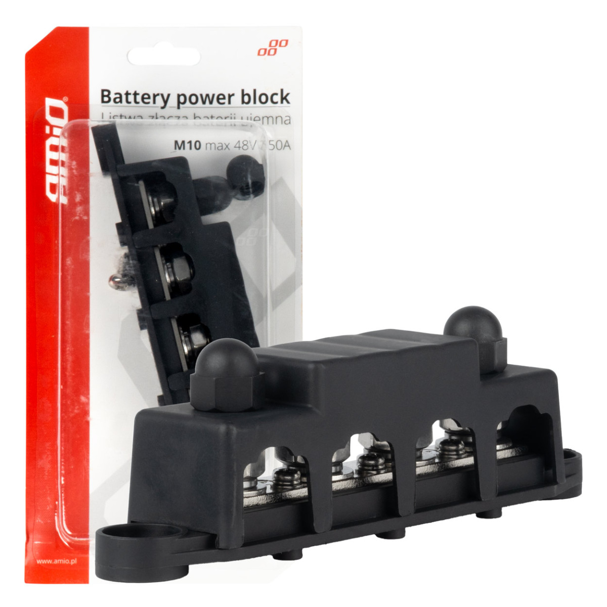 Stromverteilerblock mit Minuspol und 4 M10-Schrauben, Sammelschiene 12/24/48 V 250 A, AMIO-03811