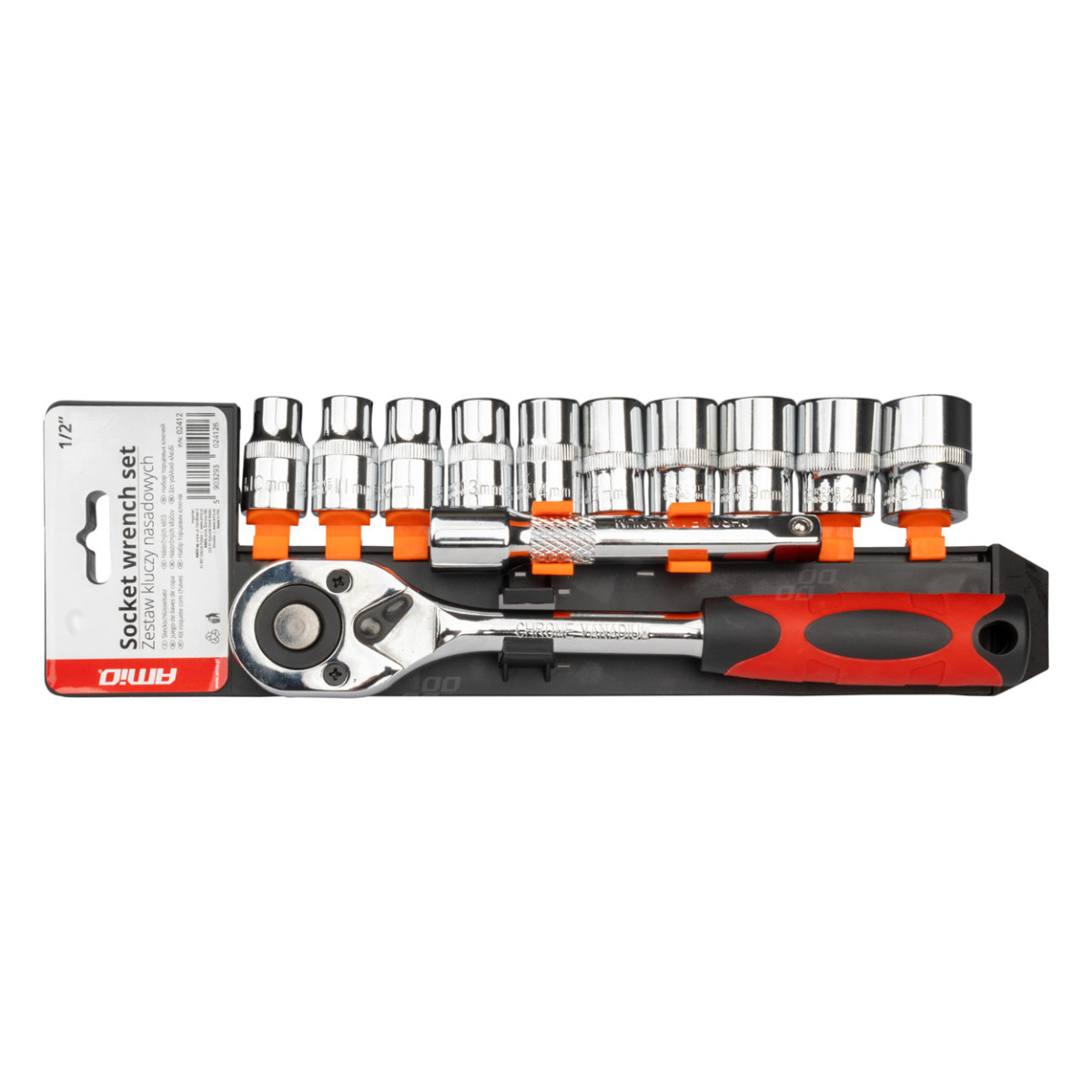 Ratschenschlüssel mit Stecknüssen 1/2" (10–24 mm), 11-teilig, AMIO-02412
