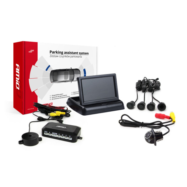 Einparkhilfesystem 4,3" TFT02 mit FLIP-UP CAM-305 LED-Kamera, 4 schwarzen Sensoren GOLD 18 mm