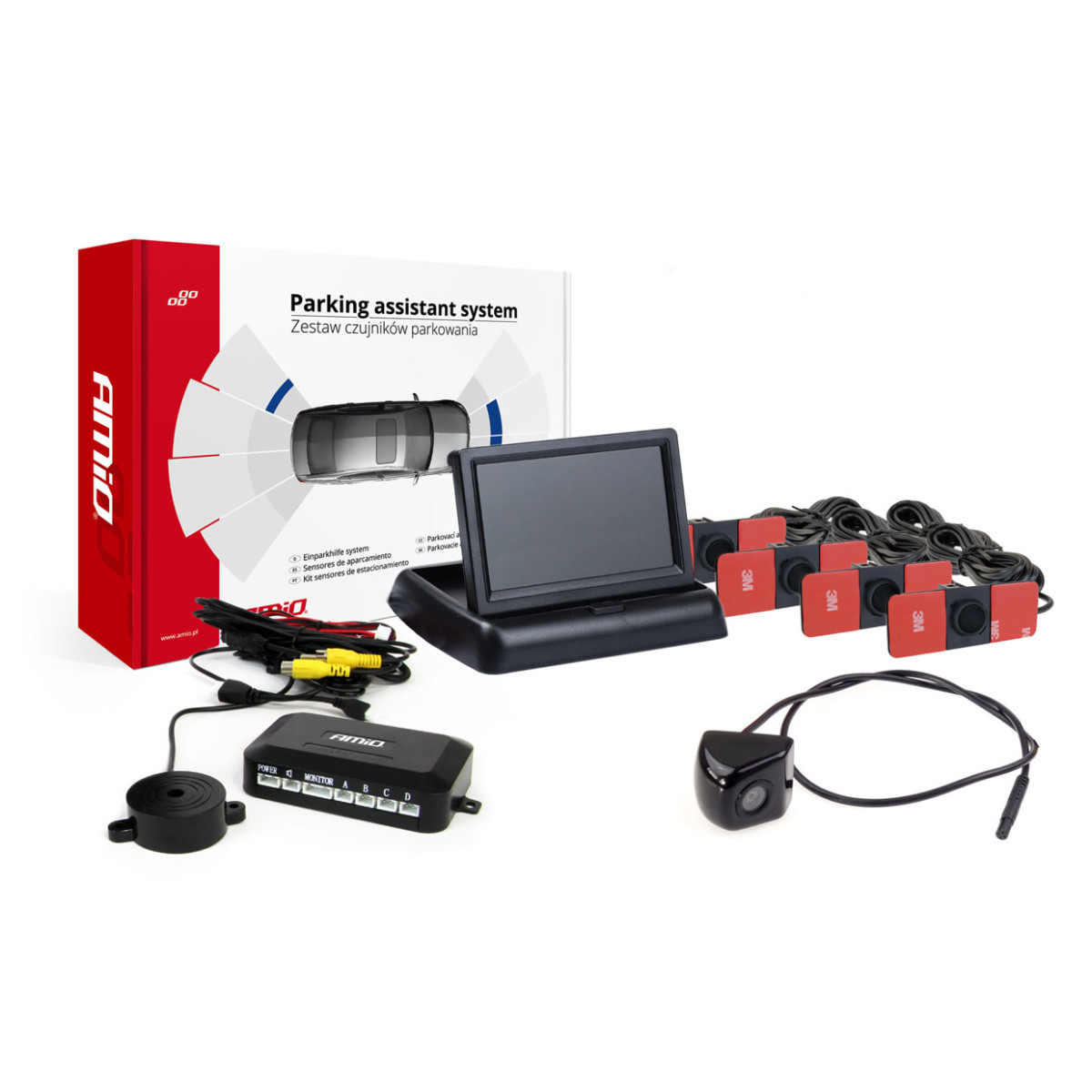 Einparkhilfesystem 4,3" TFT02 mit FLIP-UP CAM-310 Kamera, 4 schwarzen Sensoren, interne Montage 16,5 mm