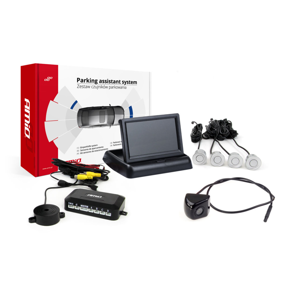 Einparkhilfesystem TFT02 4,3" mit FLIP-UP CAM-310 Kamera, 4 silberne Sensoren 22 mm