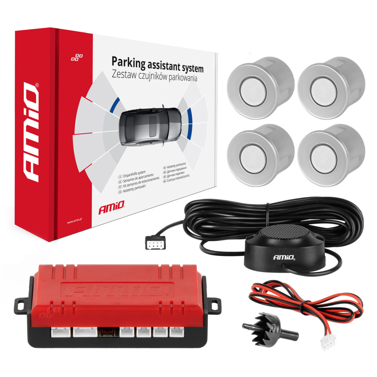 Einparkhilfe mit akustischem Signal, 4 silberne Sensoren 22 mm AMIO-01021