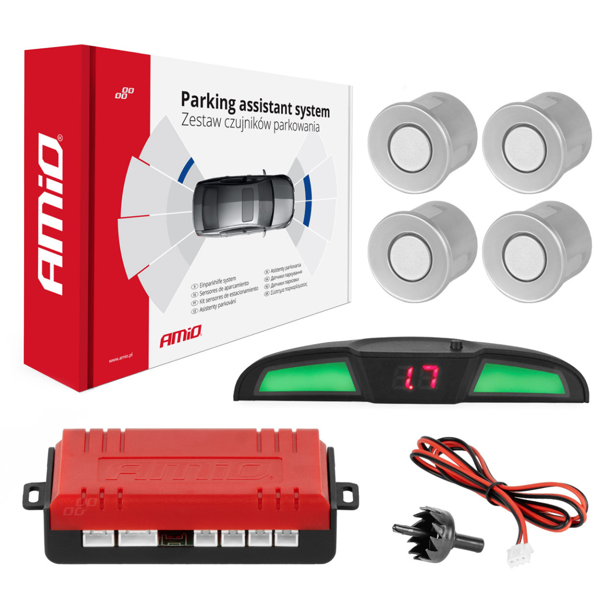 Einparkhilfesystem mit LED-COB-Beleuchtung, 4 silberne Sensoren (22 mm) AMIO-02282