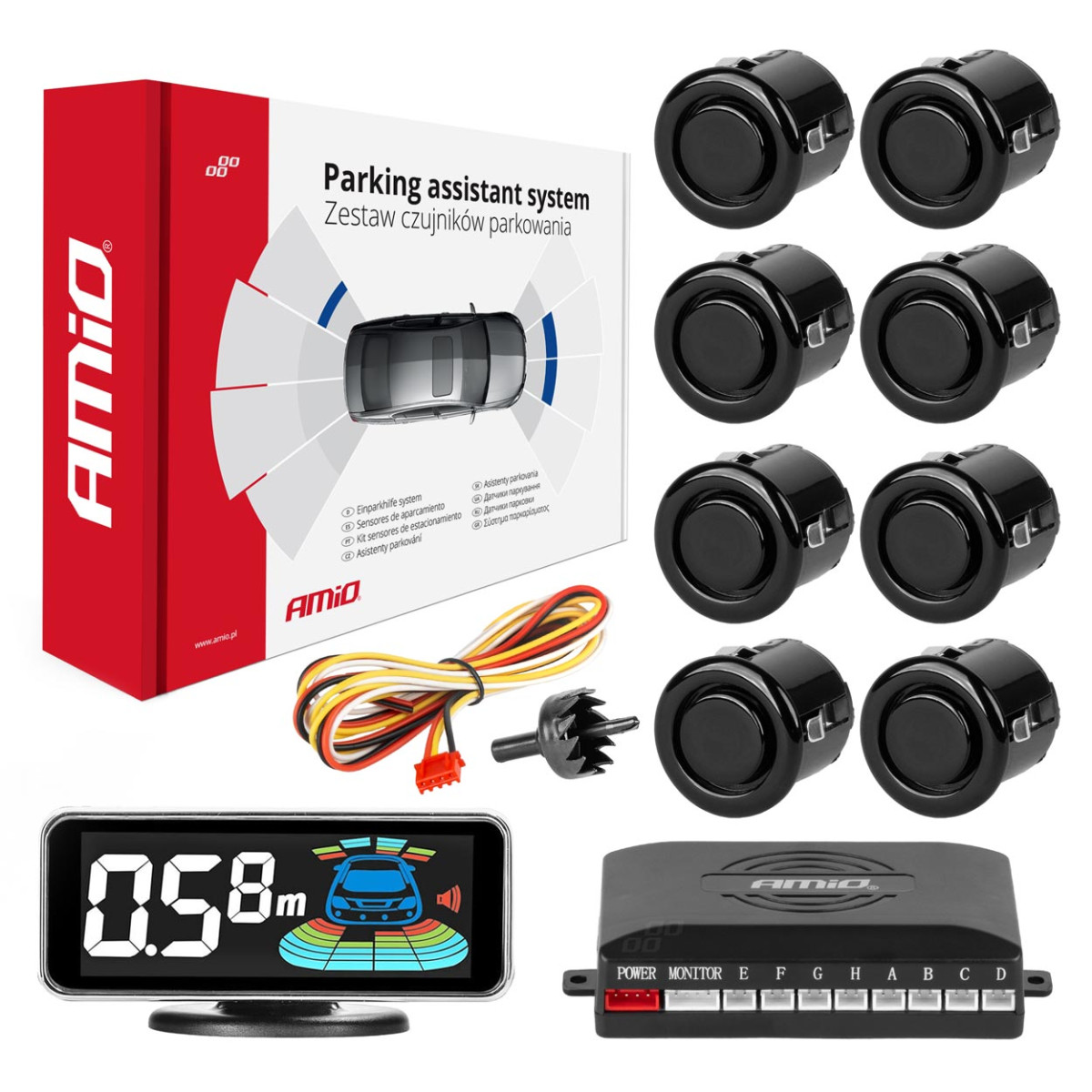 Einparkhilfesystem LED-GRAF 3D, 8 schwarze Sensoren GOLD 18 mm AMIO-03192