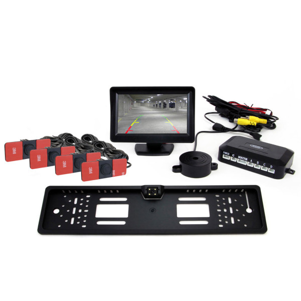 Einparkhilfesystem TFT01 4,3" mit CAM-402 LED-Kamera, 4 schwarzen Sensoren, Inneneinbau