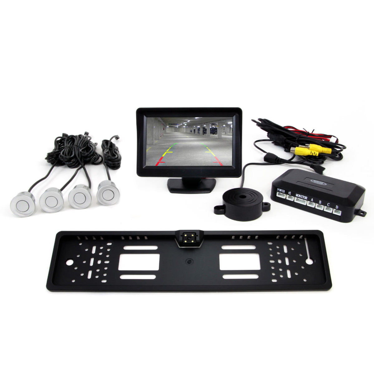 Einparkhilfesystem TFT01 4,3" mit CAM-402 LED-Kamera, 4 silbernen Sensoren