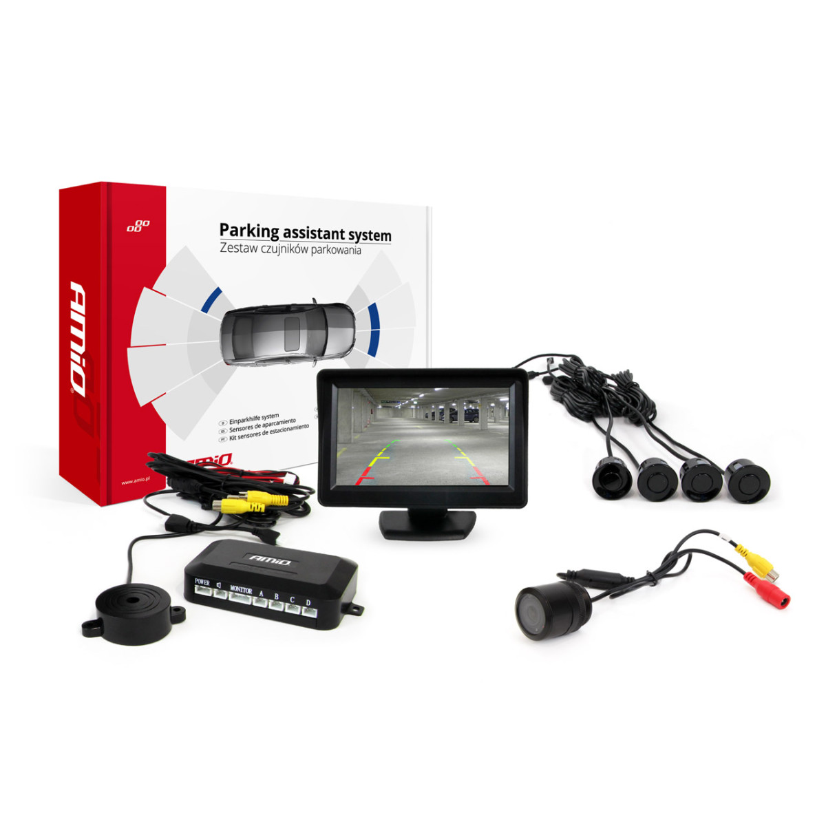 Einparkhilfesystem TFT01 4,3" mit HD-301-IR-Kamera, 4 schwarzen Sensoren