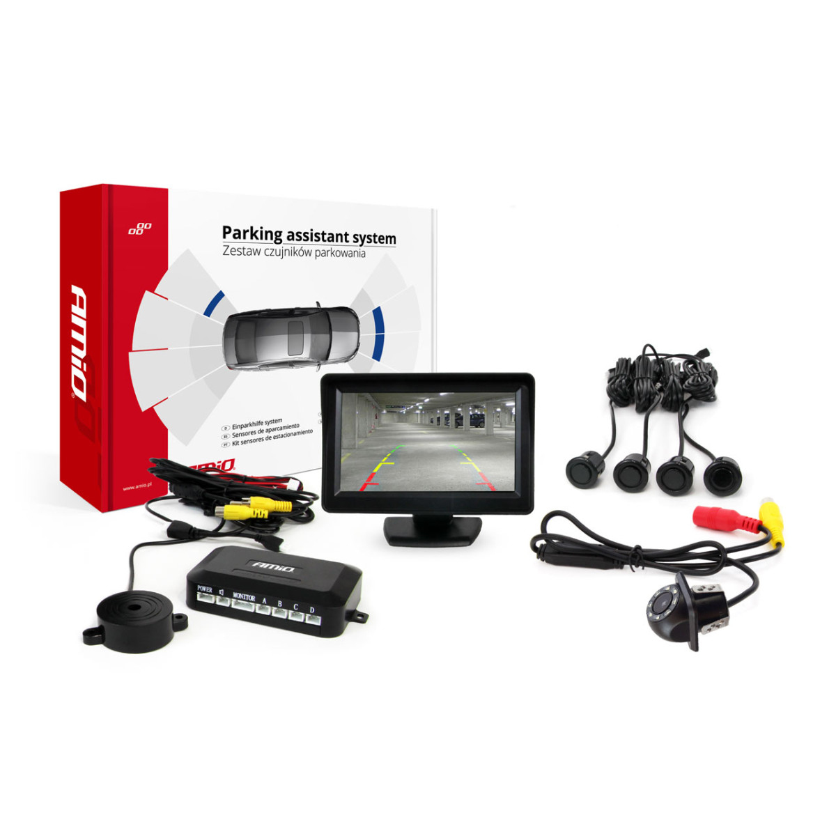 Einparkhilfesystem TFT01 4,3" mit HD-305 LED-Kamera, 4 schwarzen Sensoren GOLD 28 mm