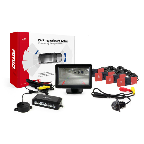 Einparkhilfesystem TFT01 4,3" mit HD-305 LED-Kamera, 4 schwarzen Sensoren 28 mm, Inneneinbau