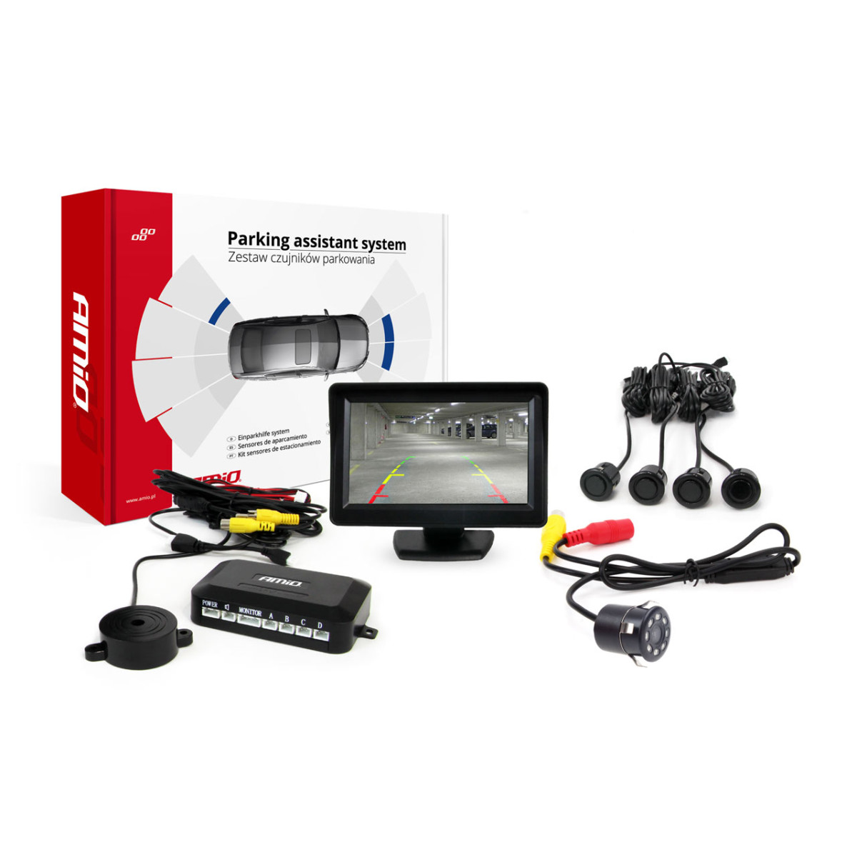Einparkhilfesystem TFT01 4,3" mit HD-307-IR-LED-Kamera, 4 schwarzen Sensoren GOLD 18 mm