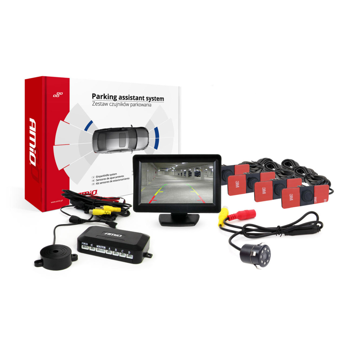 Einparkhilfesystem TFT01 4,3" mit HD-307-IR-Kamera, 4 schwarzen Sensoren, Inneneinbau