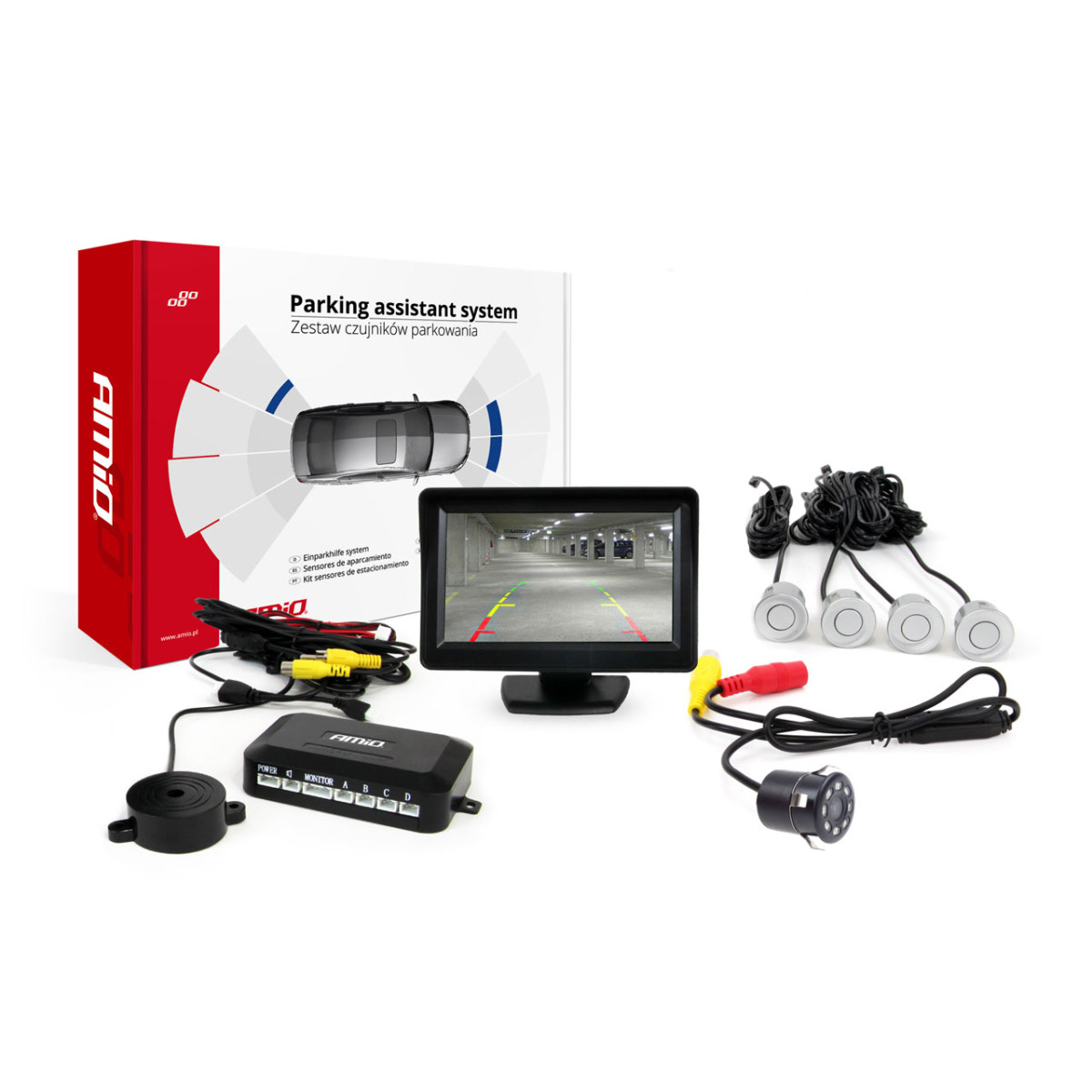Einparkhilfesystem TFT01 4,3" mit HD-307-IR-Kamera, 4 Silbersensoren 22 mm