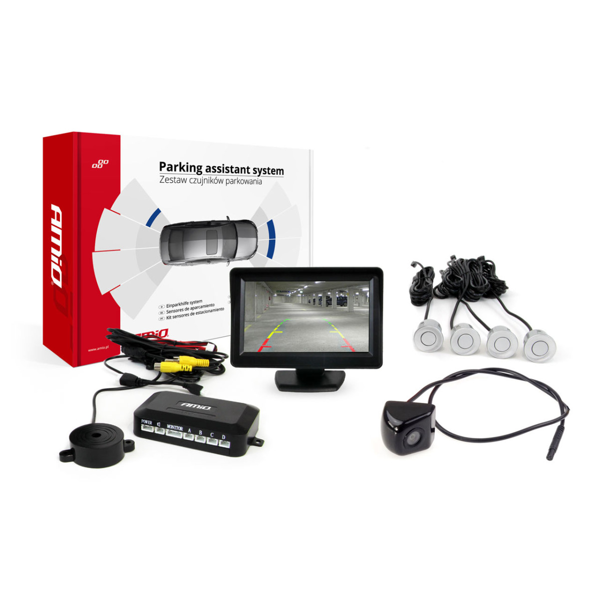 Einparkhilfesystem TFT01 4,3" mit HD-310-Kamera, 4 silbernen Sensoren