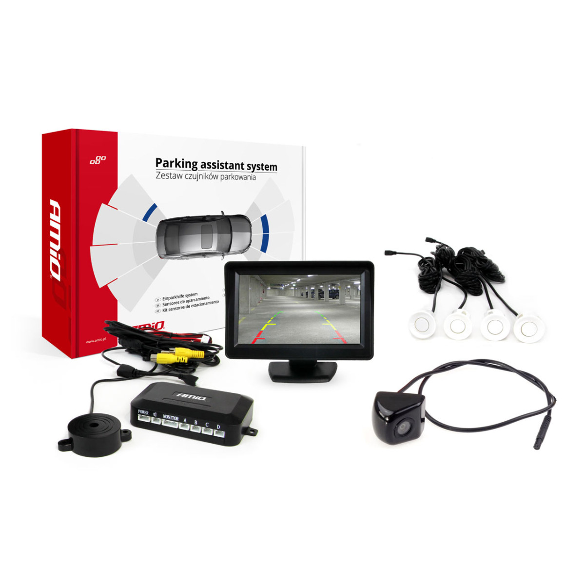 Einparkhilfesystem TFT01 4,3" mit HD-310-Kamera, 4 weißen Sensoren
