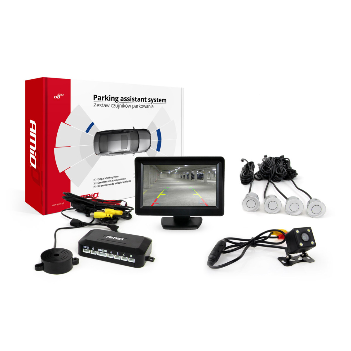 Einparkhilfesystem TFT01 4,3" mit HD 315 LED-Kamera, 4 silbernen Sensoren 22 mm