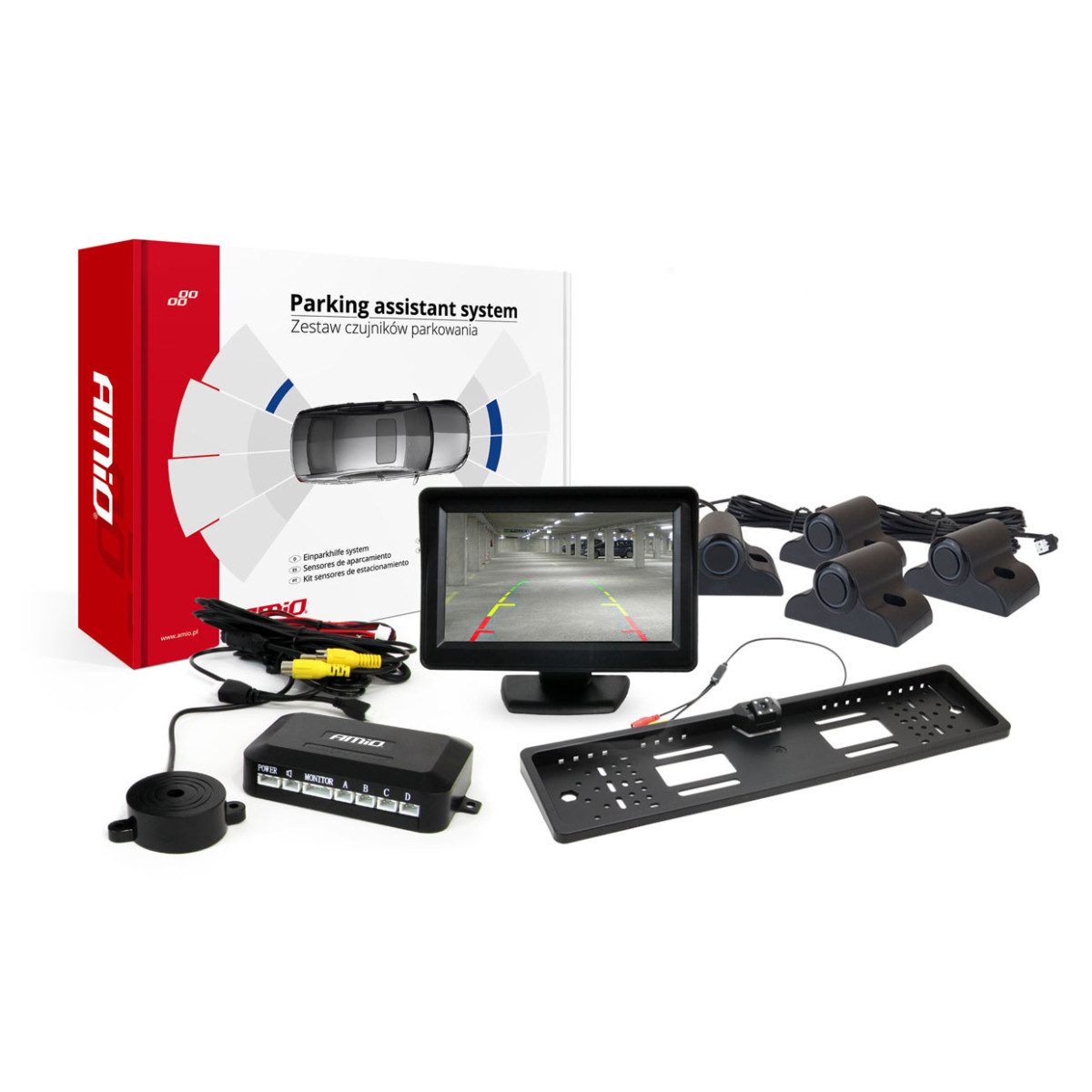 Einparkhilfesystem TFT01 4,3" mit HD-402-LED-Kamera, 4 schwarzen Sensoren, für Lkw