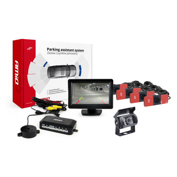 Einparkhilfesystem TFT01 4,3" mit HD-501-IR-Kamera, 4 schwarzen Sensoren, Inneneinbau