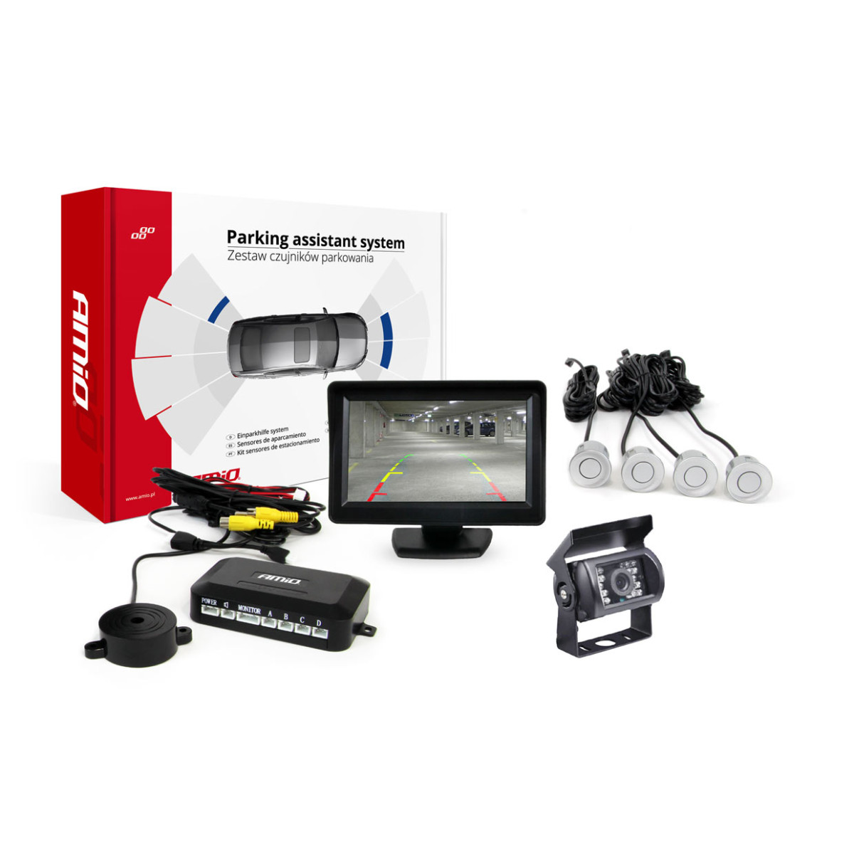 Einparkhilfesystem TFT01 4,3" mit HD-501-IR-Kamera, 4 Silbersensoren