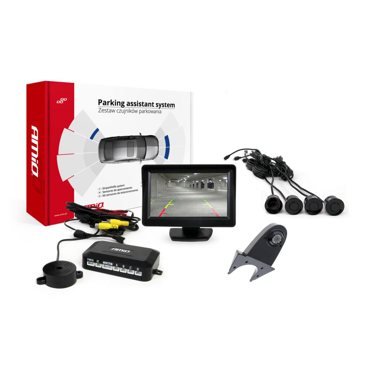 Einparkhilfesystem TFT01 4,3" mit HD-502-IR-Kamera, 4 schwarzen Sensoren