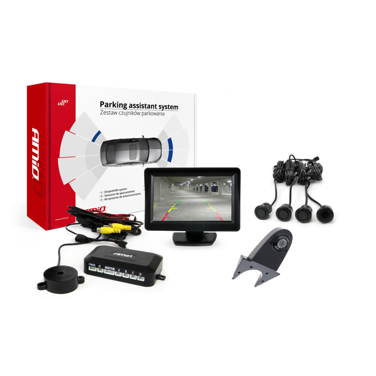 Einparkhilfesystem TFT01 4,3" mit HD-502-IR-Kamera, 4 schwarzen Sensoren GOLD