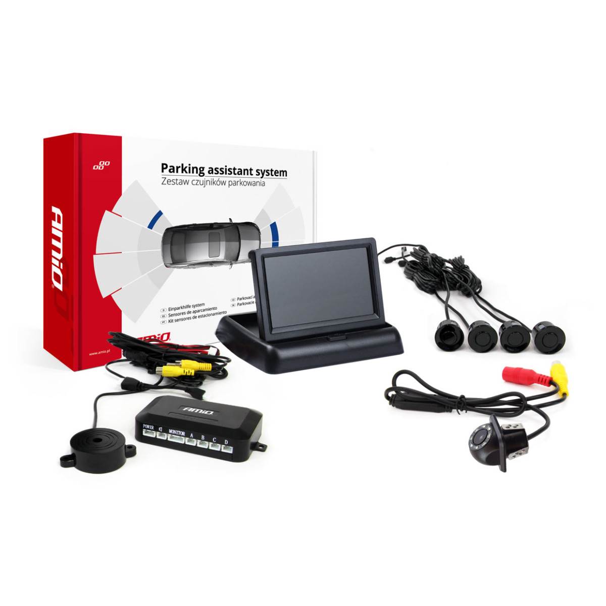 Einparkhilfesystem TFT02 4,3" mit HD-305-LED-Kamera, 4 schwarzen Sensoren