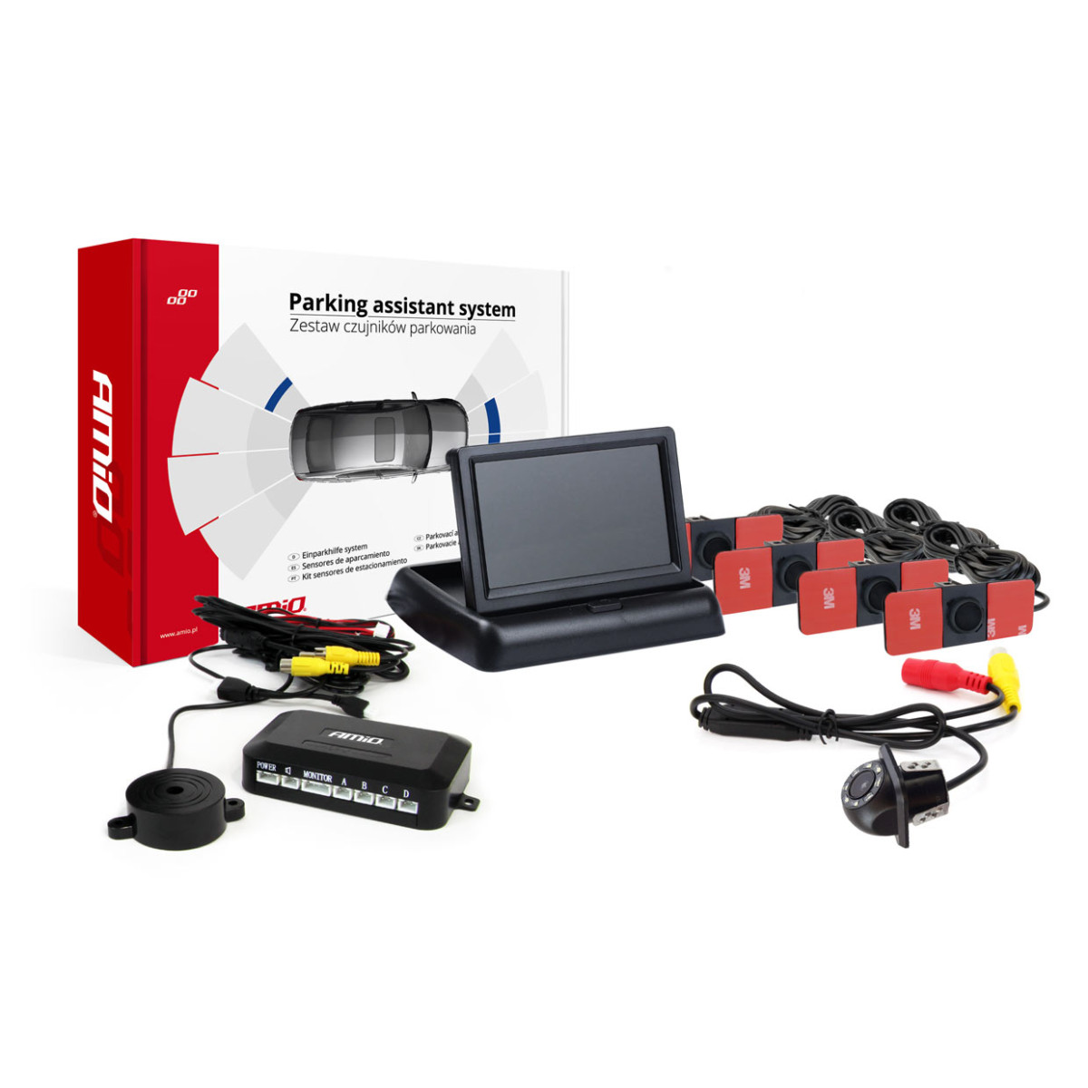 Einparkhilfesystem TFT02 4,3" mit HD-305-LED-Kamera, 4 schwarzen Sensoren, Inneneinbau