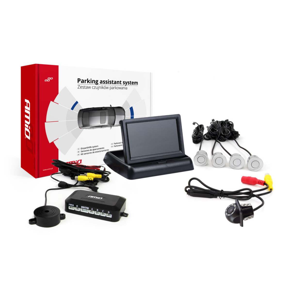 Einparkhilfesystem TFT02 4,3" mit HD-305-LED-Kamera, 4 silbernen Sensoren