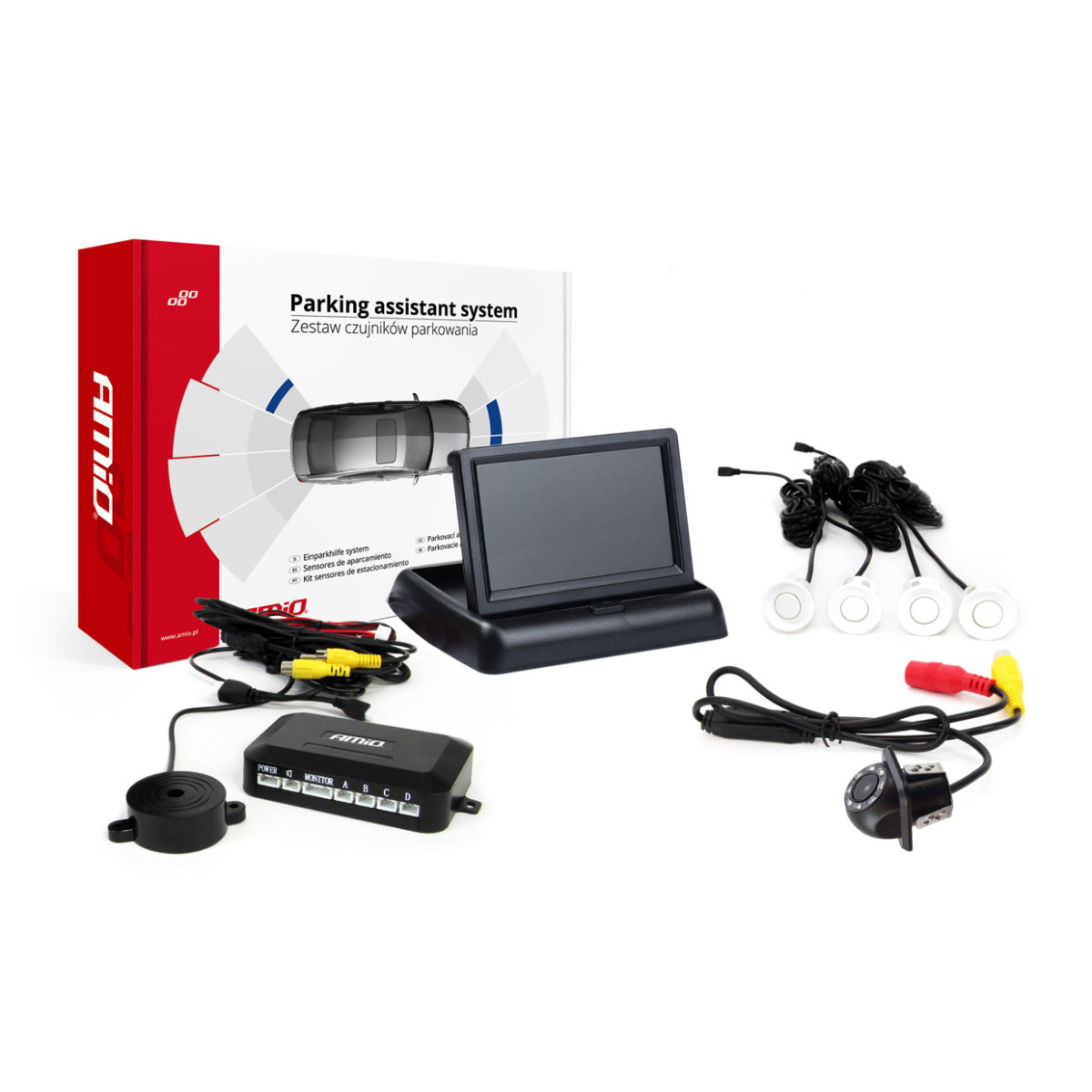 Einparkhilfesystem TFT02 4,3" mit HD-305-LED-Kamera, 4 weißen Sensoren