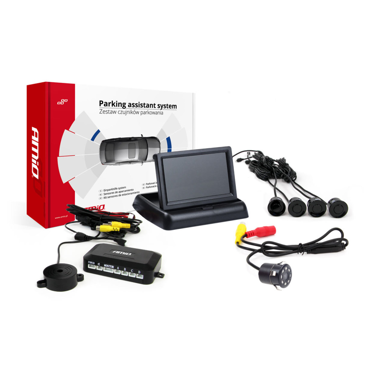 Einparkhilfesystem TFT02 4,3" mit HD-307-IR-Kamera, 4 schwarzen Sensoren