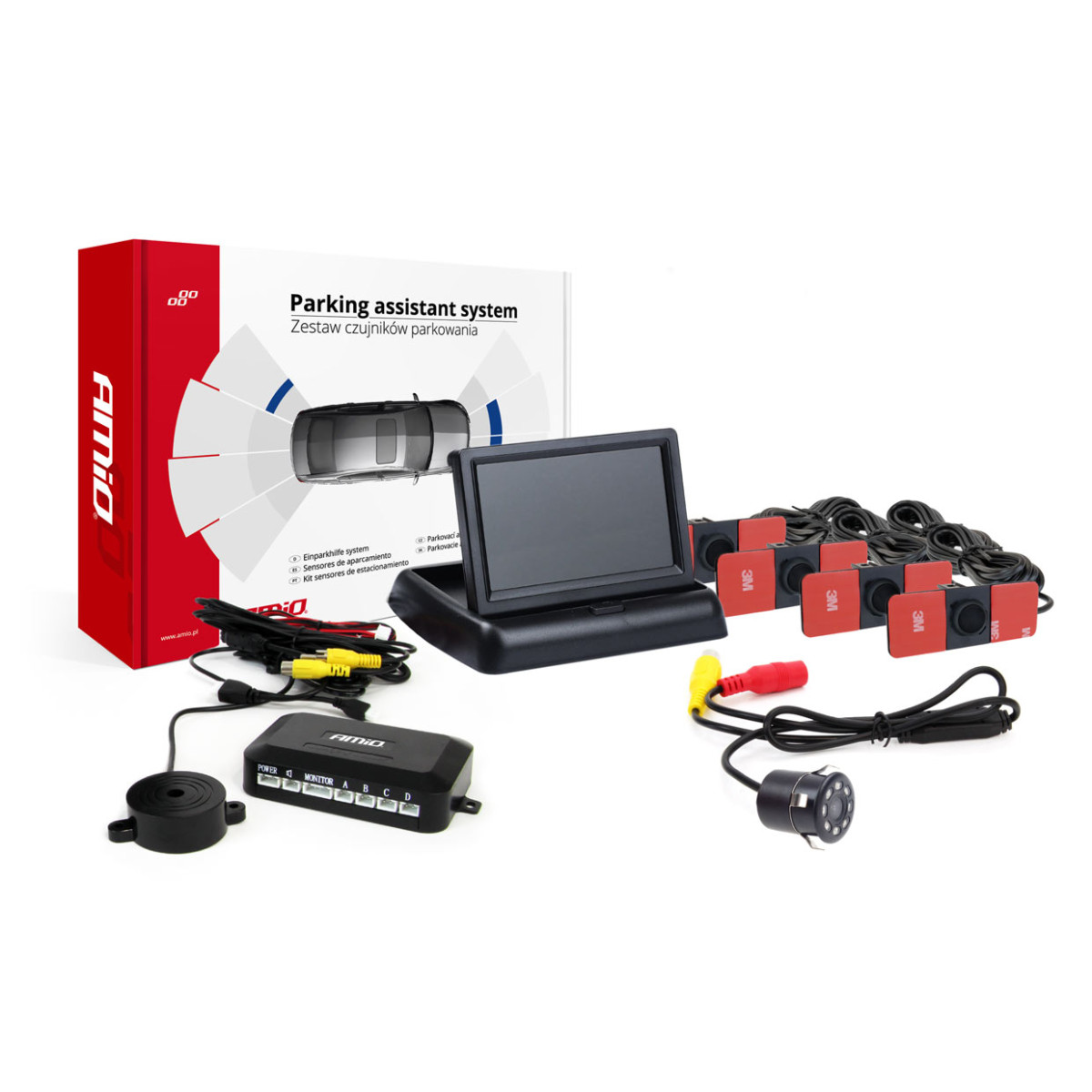 Einparkhilfesystem TFT02 4,3" mit HD-307-IR-Kamera, 4 schwarzen Sensoren, Inneneinbau