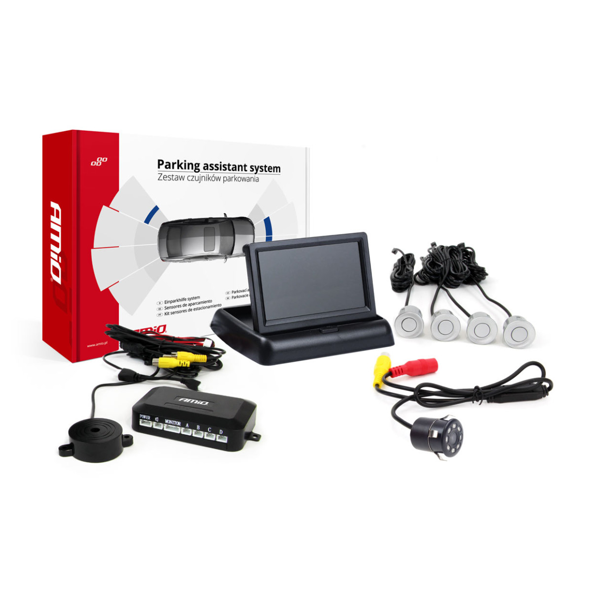Einparkhilfesystem TFT02 4,3" mit HD-307-IR-Kamera, 4 Silbersensoren