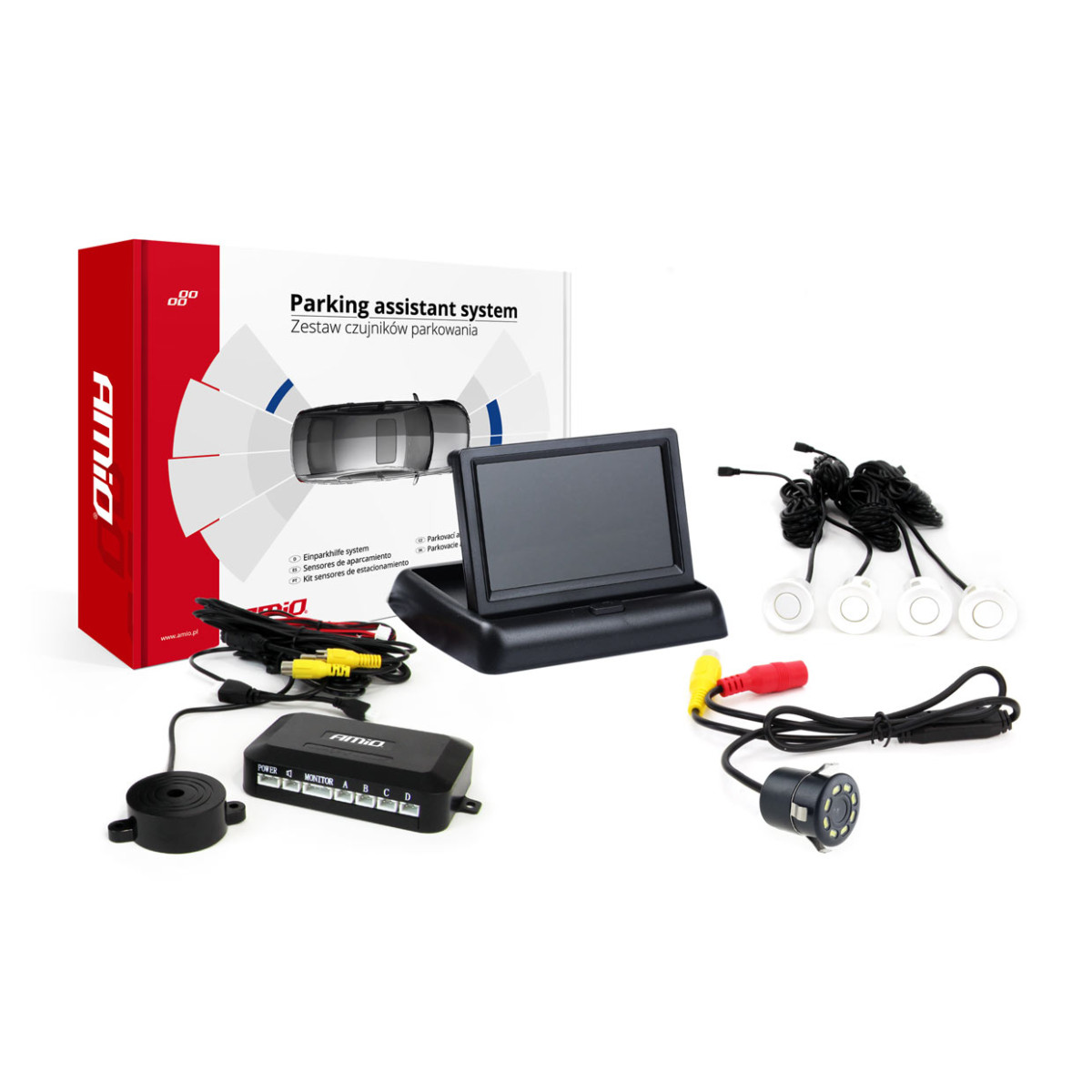 Einparkhilfesystem TFT02 4,3" mit HD-308-LED-Kamera, 4 weißen Sensoren