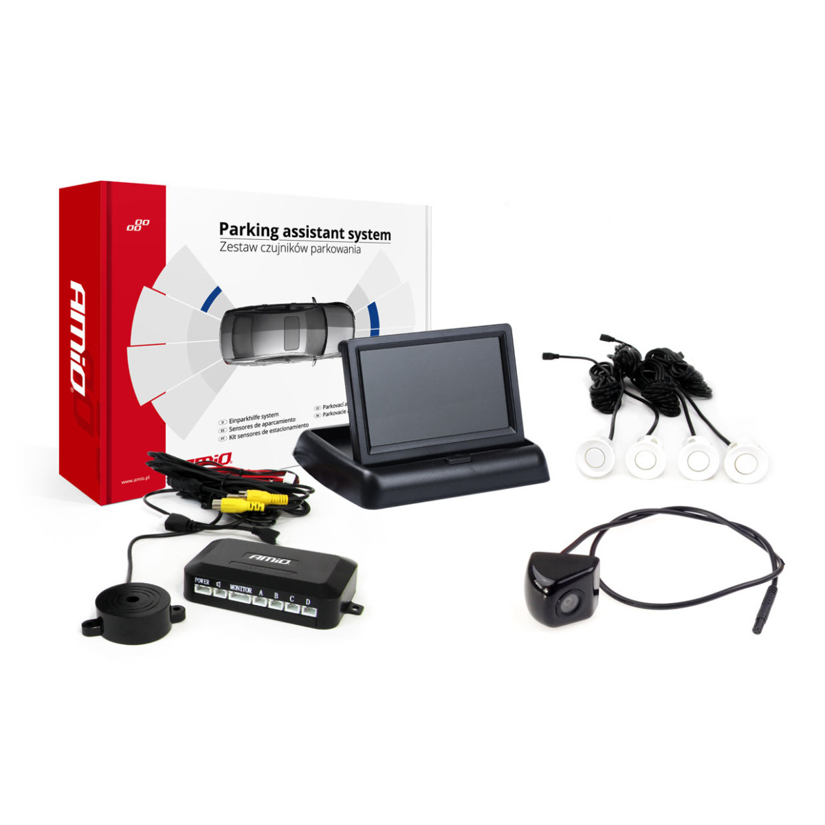 Einparkhilfesystem TFT02 4,3" mit HD-310 LED-Kamera, 4 weißen Sensoren